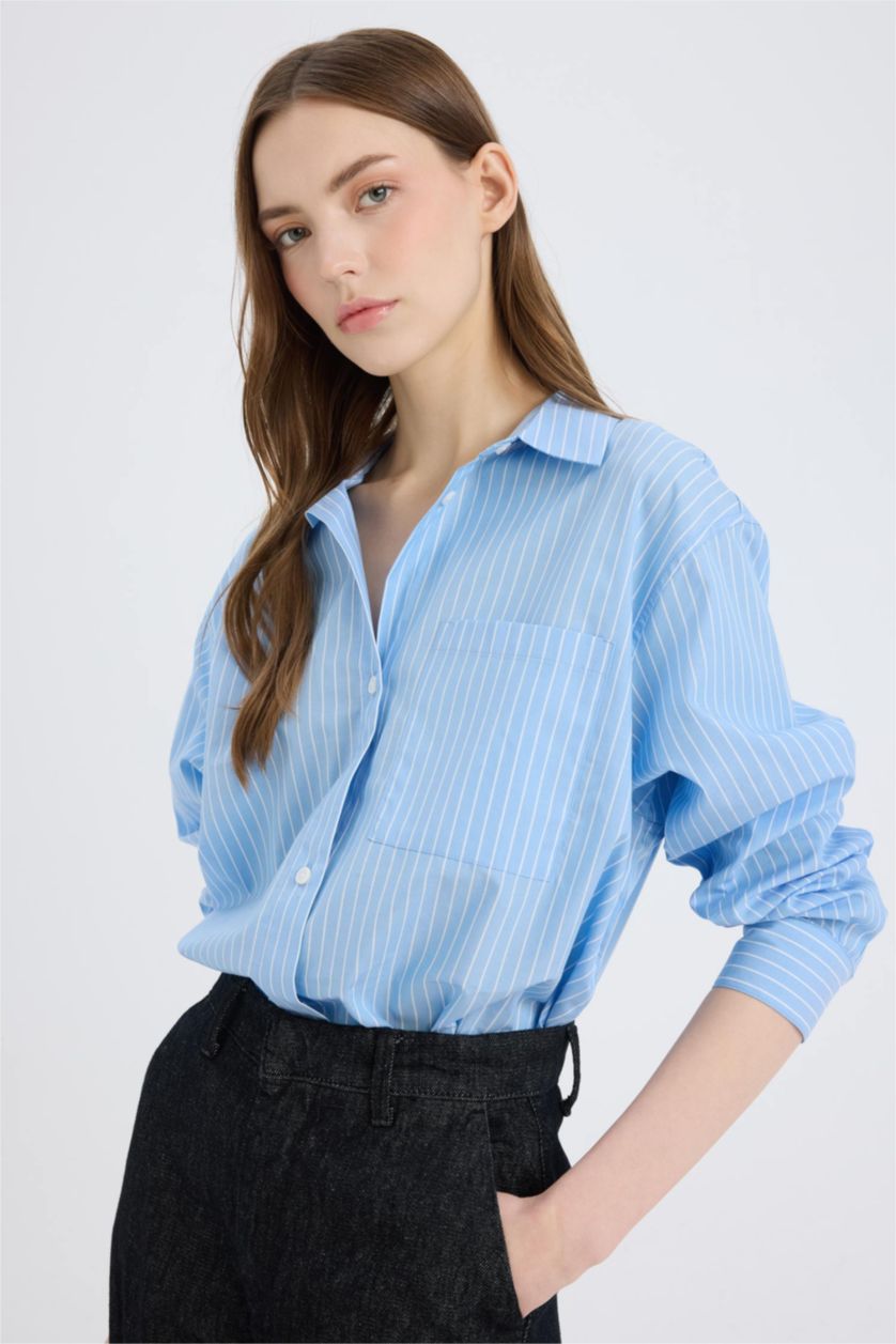 WOMAN Blue Oversize Fit Shirt Collar Poplin Striped Long Sleeve Shirt
