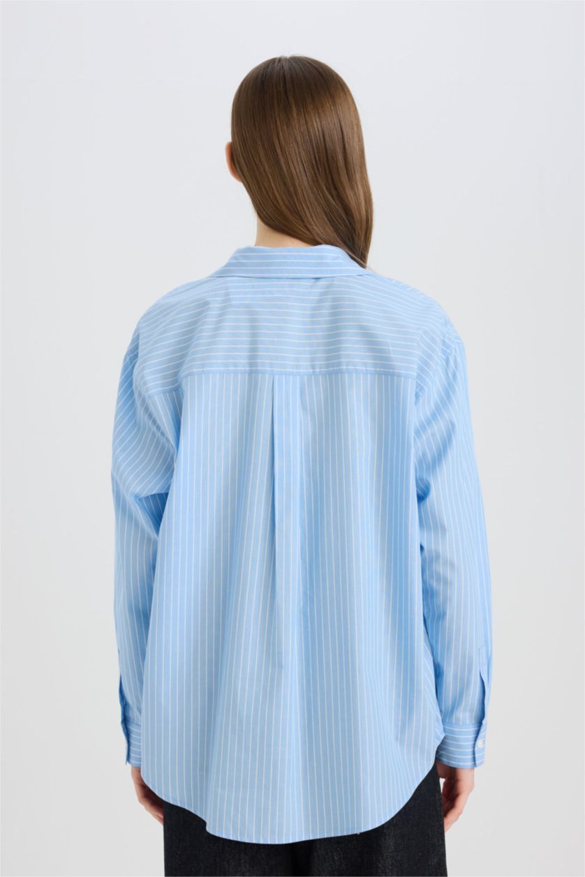 WOMAN Blue Oversize Fit Shirt Collar Poplin Striped Long Sleeve Shirt
