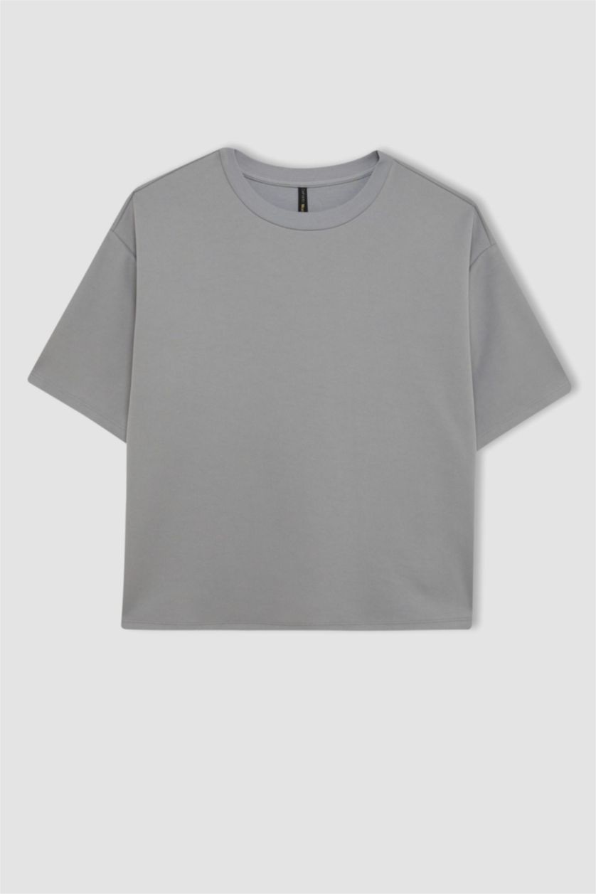 Kadın Açık Gri Relax Fit Bisiklet Yaka Basic Düz Kısa Kollu Tişört