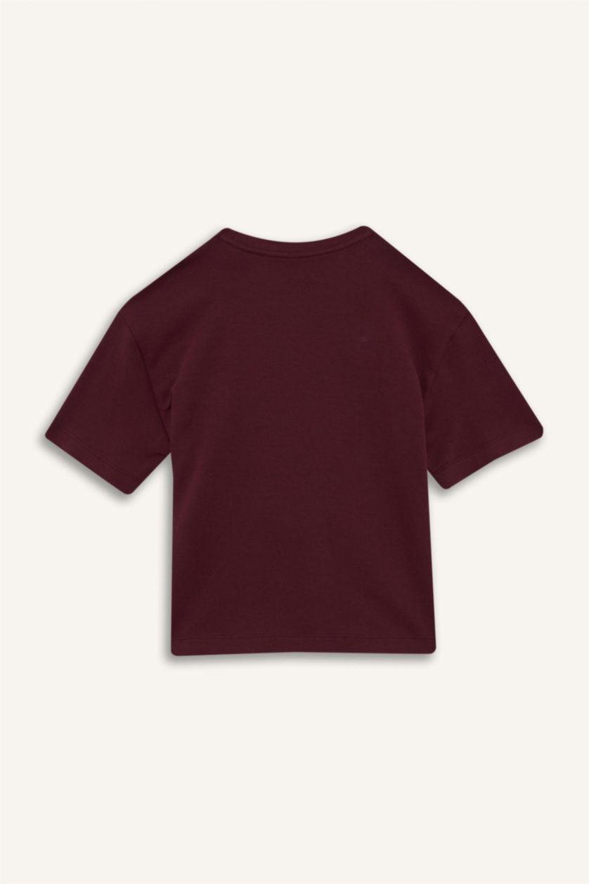 حريمي خمري تيشيرت بيزك اوفر سايز أحمر بوردو نص كم برقبة مستديرة