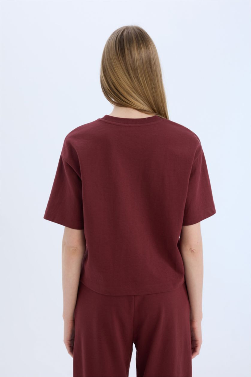 Kadın Bordo Relax Fit Bisiklet Yaka Basic Düz Kısa Kollu Bordo Tişört