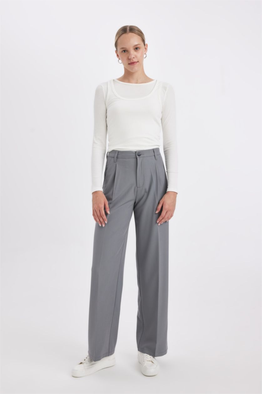FEMME Gris Pantalon large à trois poches, taille haute, longueur standard