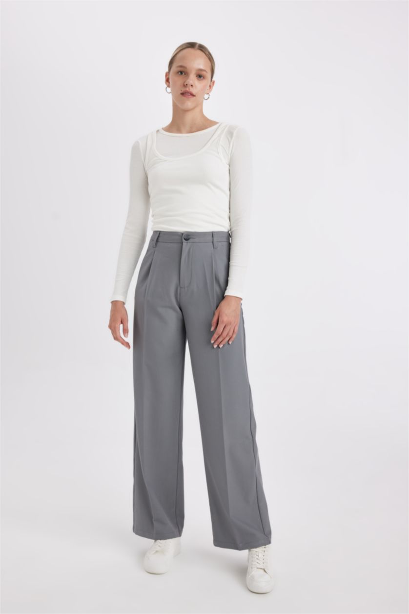 FEMME Gris Pantalon large à trois poches, taille haute, longueur standard