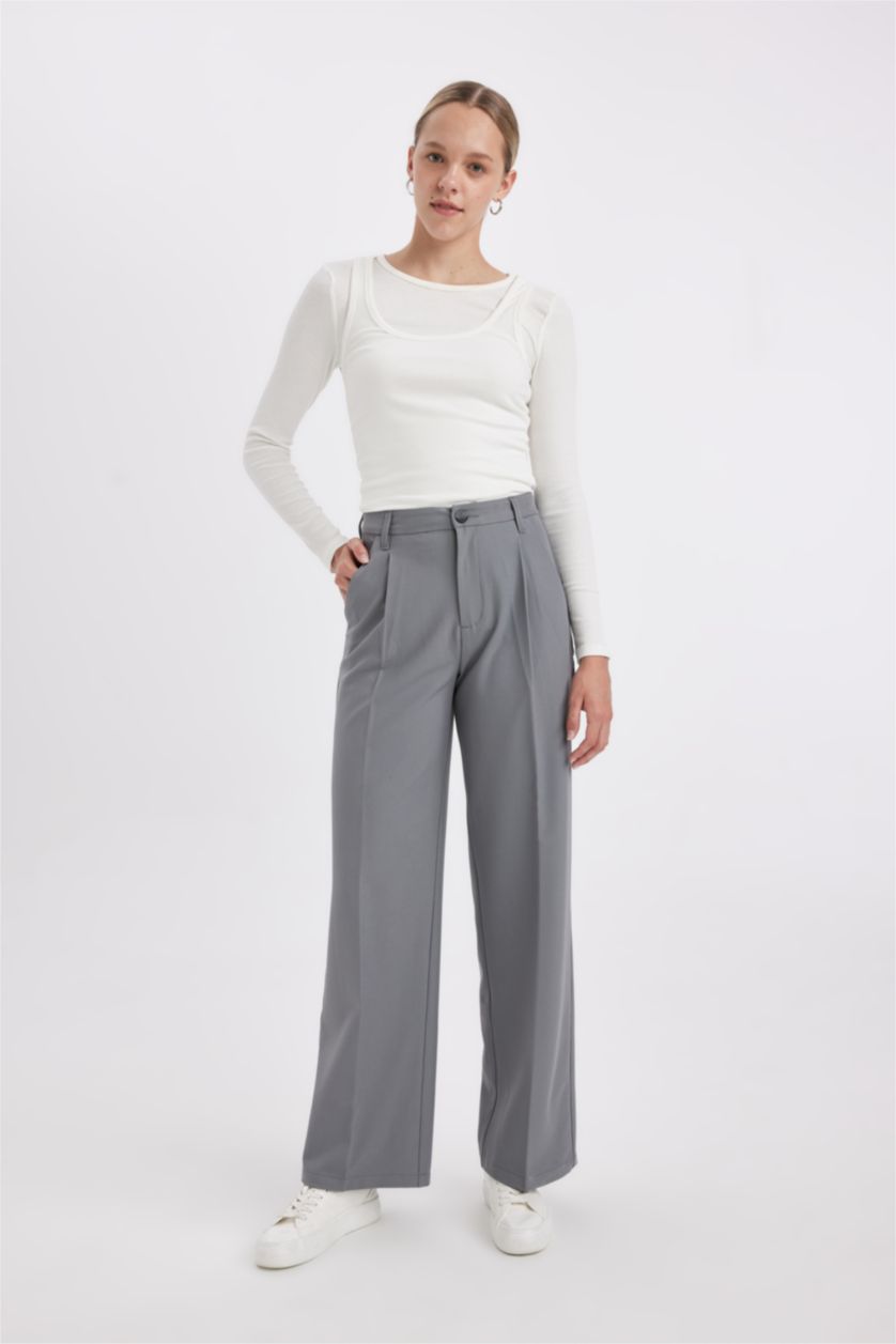 FEMME Gris Pantalon large à trois poches, taille haute, longueur standard