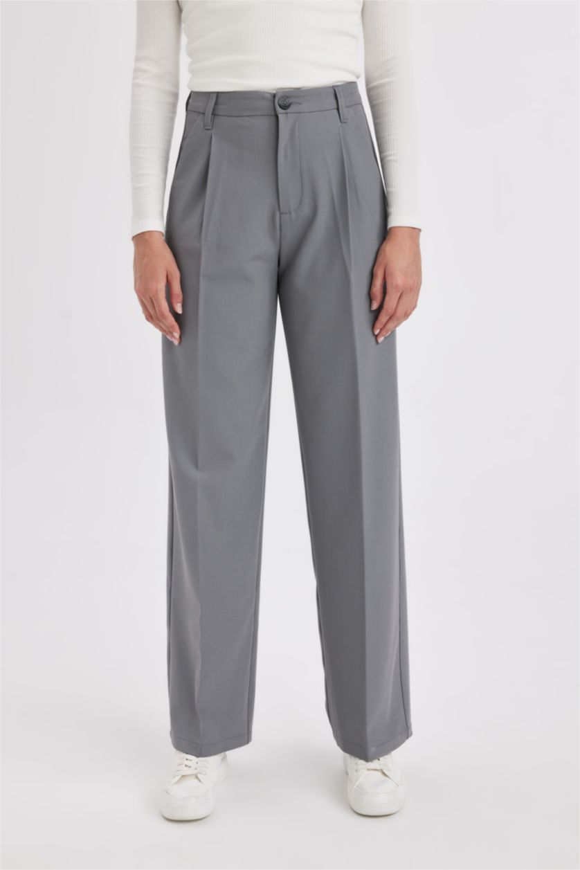 FEMME Gris Pantalon large à trois poches, taille haute, longueur standard