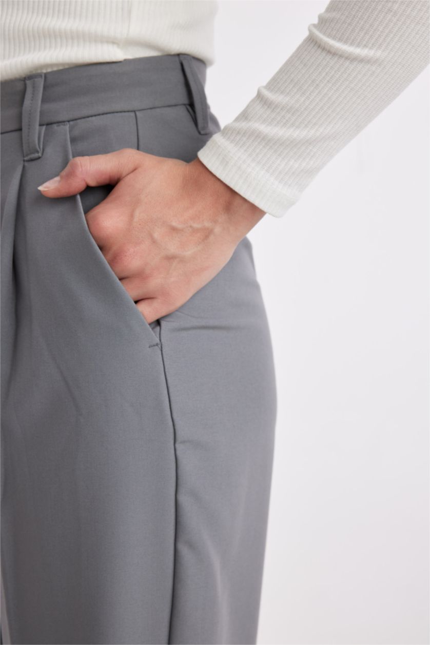 FEMME Gris Pantalon large à trois poches, taille haute, longueur standard