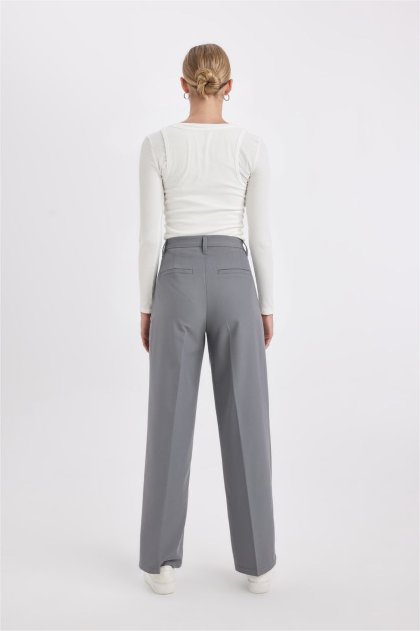 FEMME Gris Pantalon large à trois poches, taille haute, longueur standard