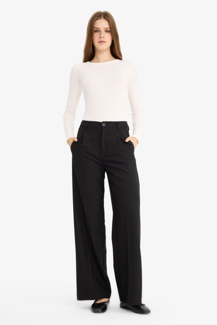 FEMME Noir Pantalon large à trois poches, taille haute, longueur standard