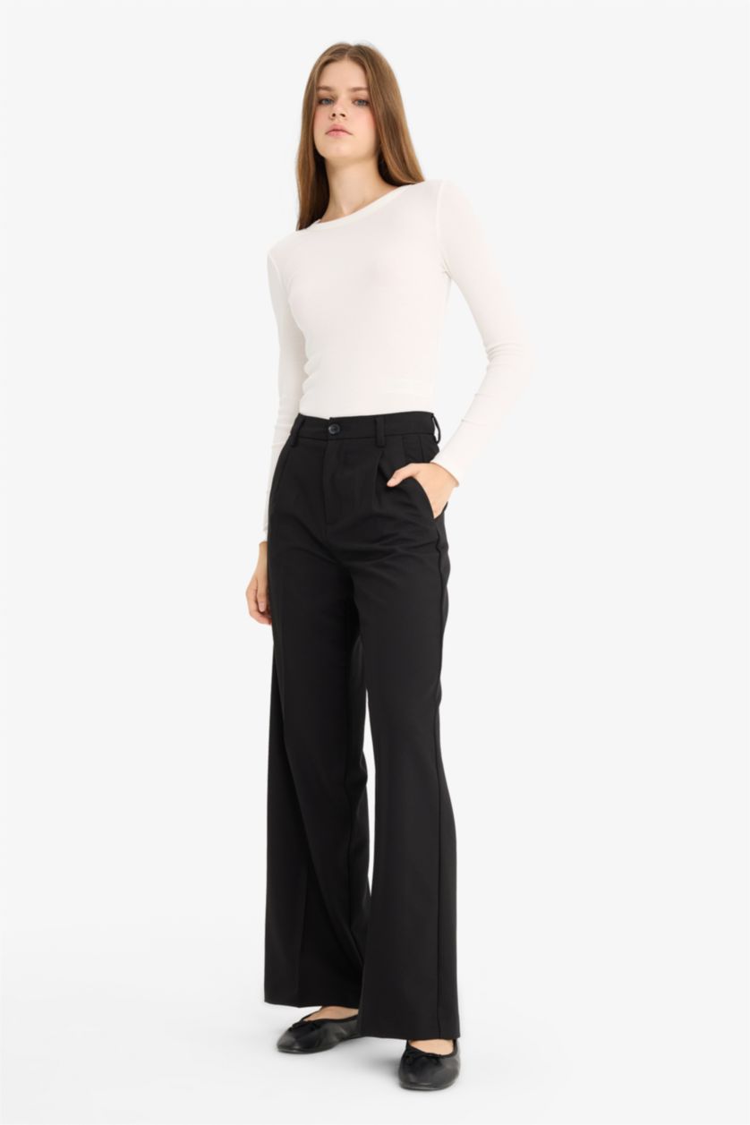 FEMME Noir Pantalon large à trois poches, taille haute, longueur standard