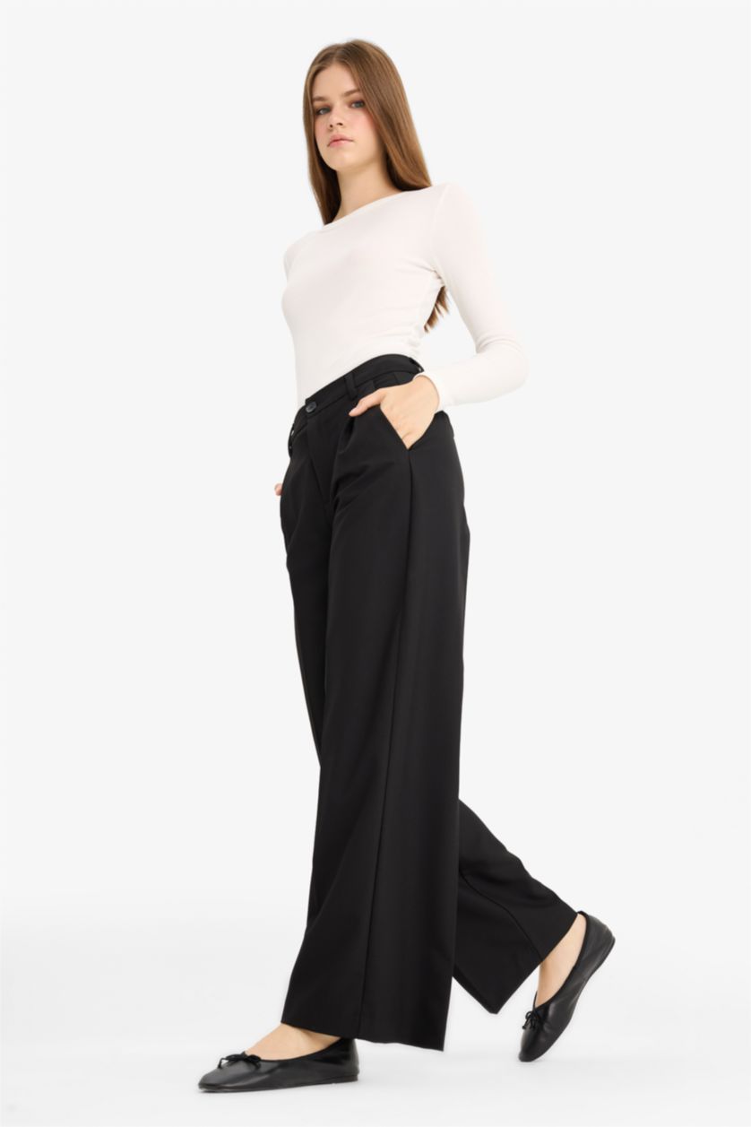 FEMME Noir Pantalon large à trois poches, taille haute, longueur standard