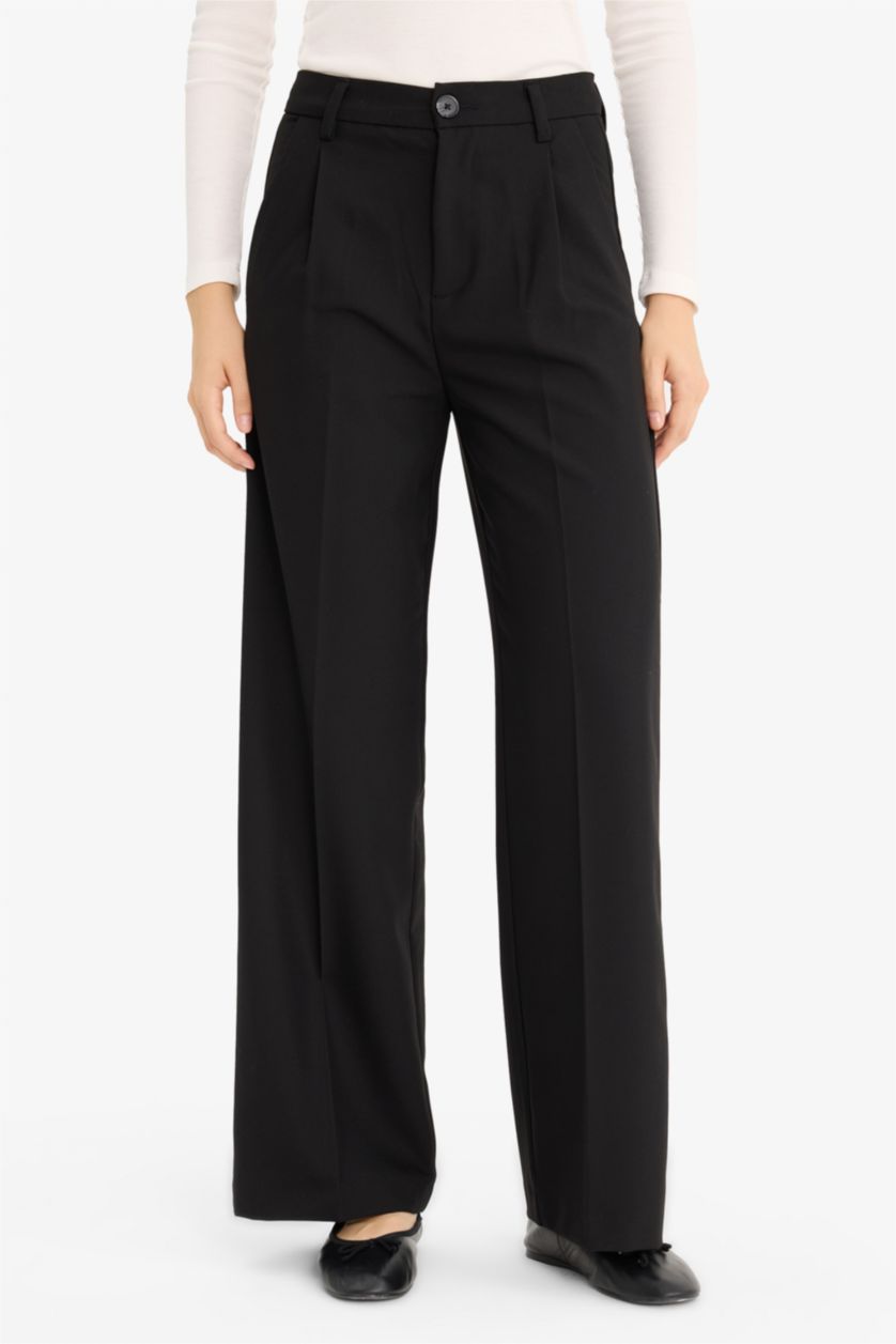FEMME Noir Pantalon large à trois poches, taille haute, longueur standard