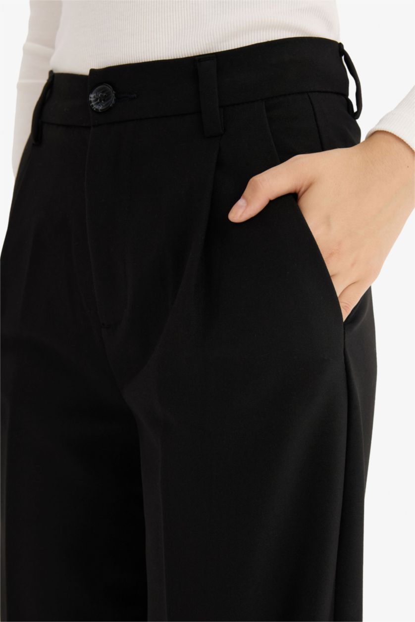 FEMME Noir Pantalon large à trois poches, taille haute, longueur standard
