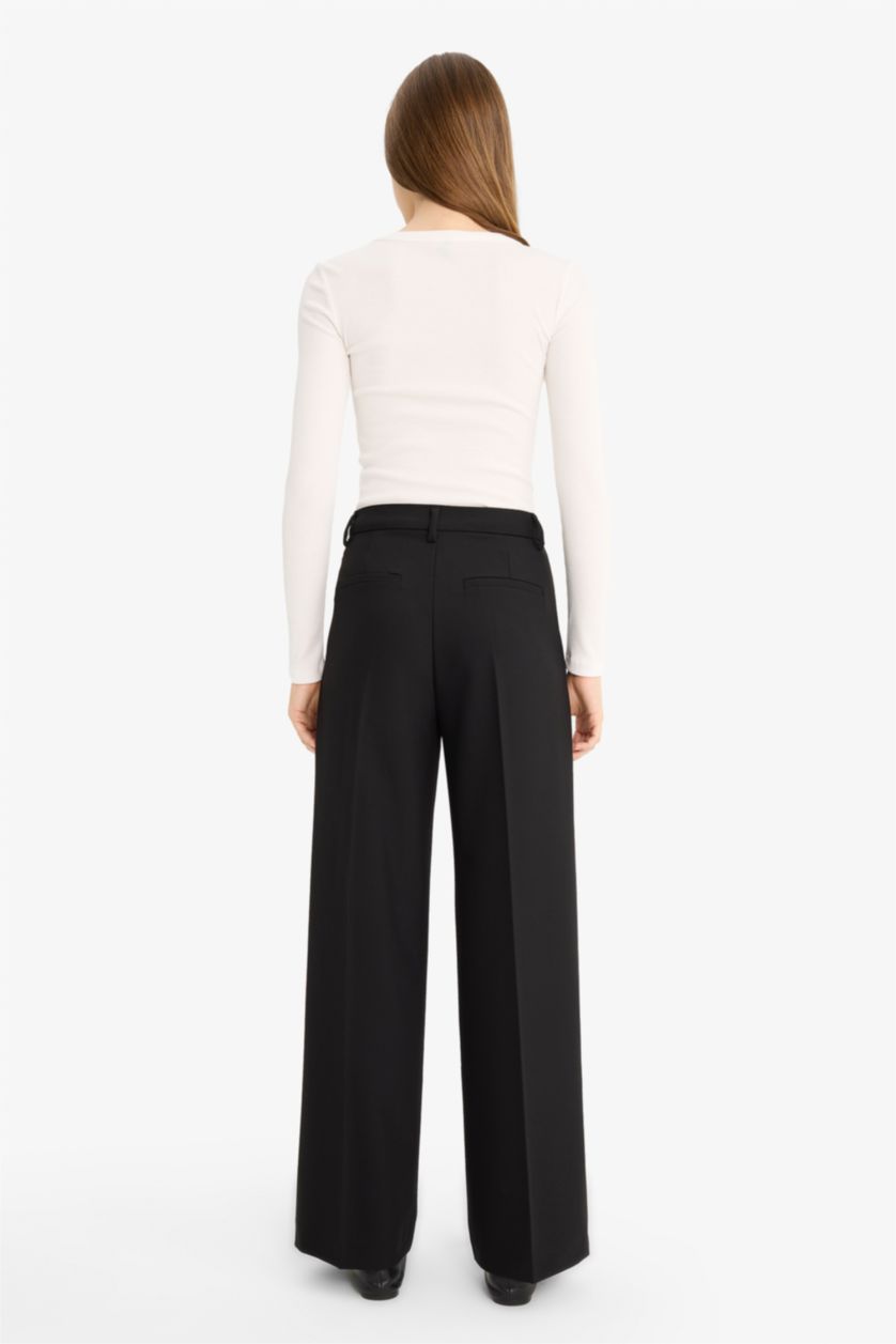 FEMME Noir Pantalon large à trois poches, taille haute, longueur standard