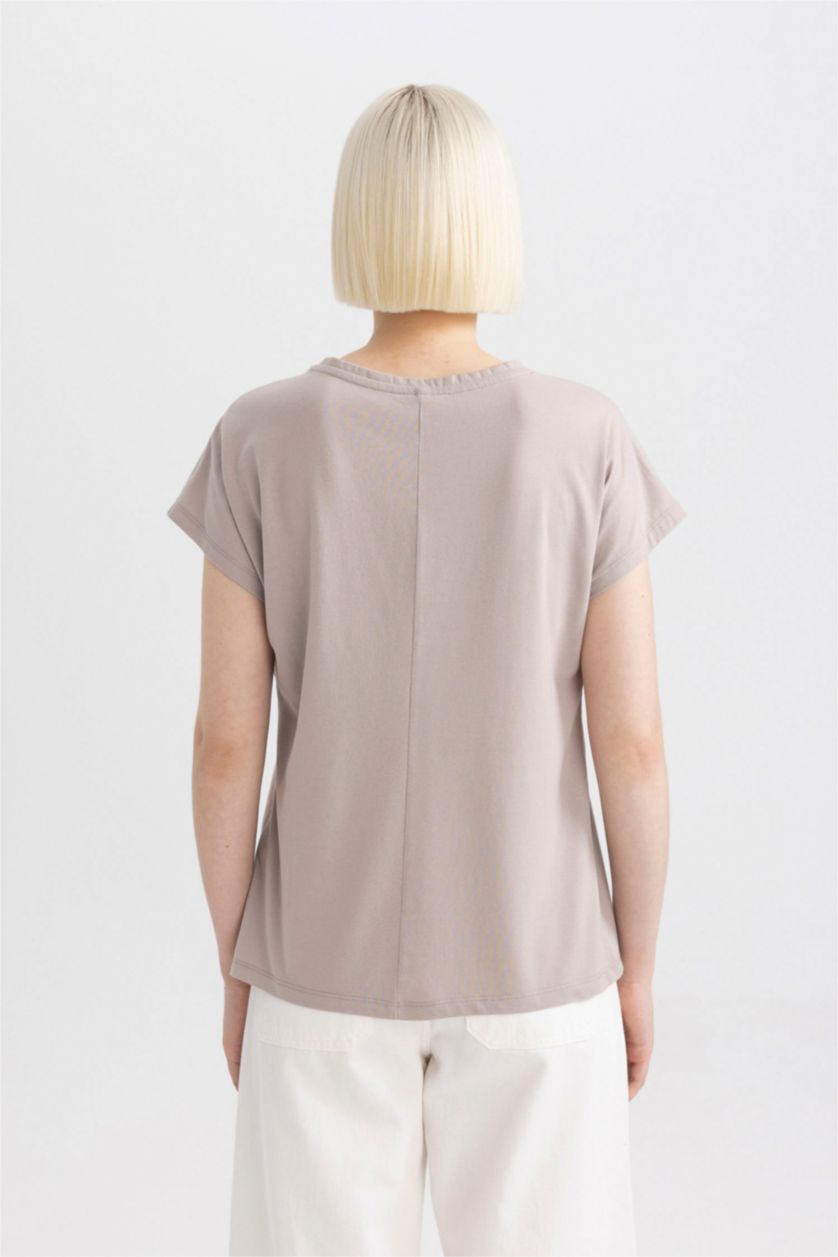 نساء اللون الحجري تيشيرت نص كم برقبة مستديرة