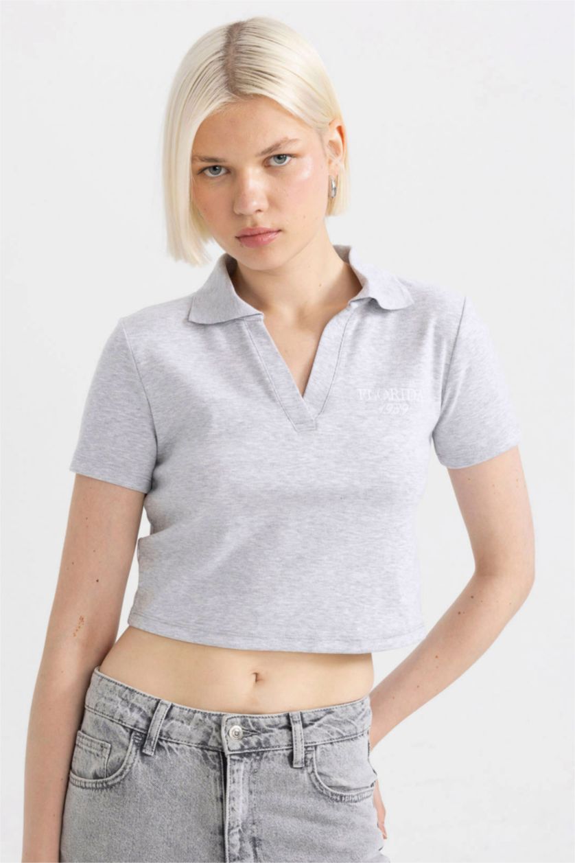 نساء ميلانج رمادي تيشيرت بولو نص كم بطبعة شعار سليم فيت