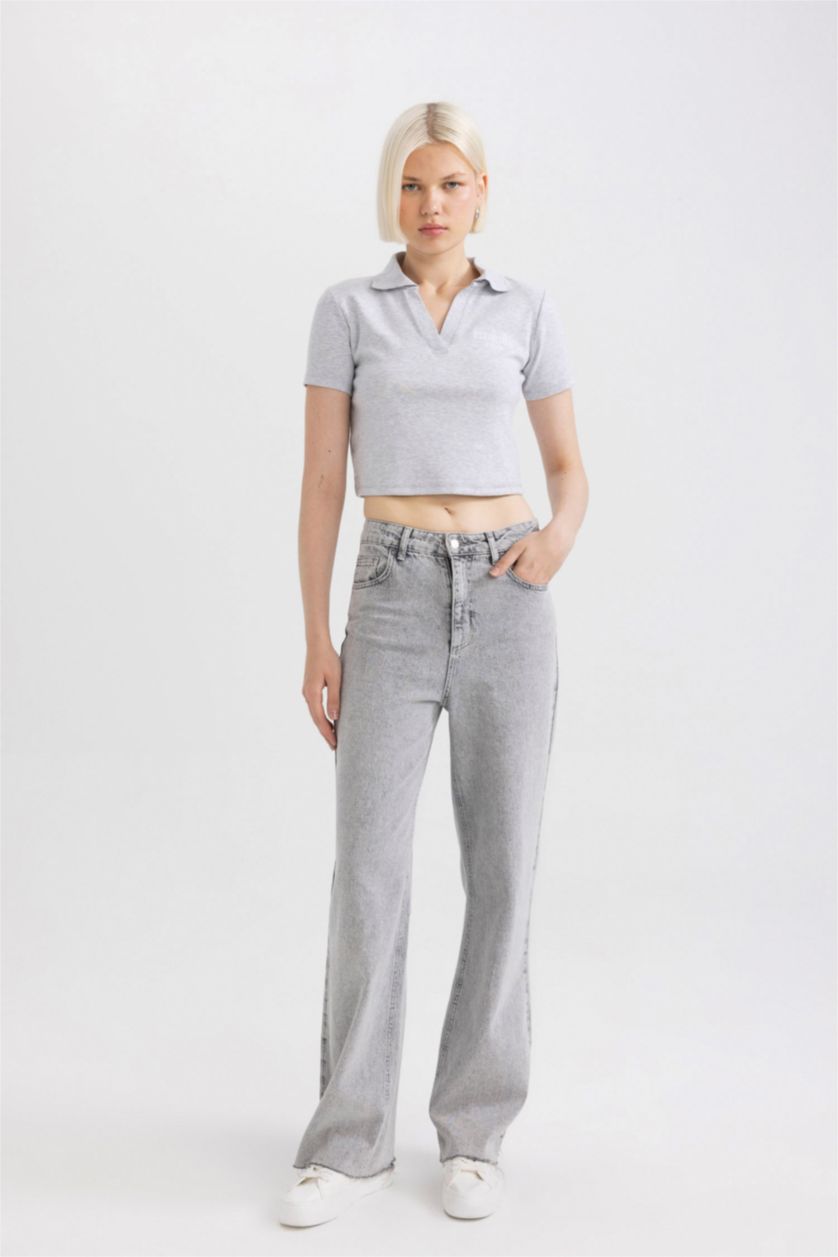 نساء ميلانج رمادي تيشيرت بولو نص كم بطبعة شعار سليم فيت