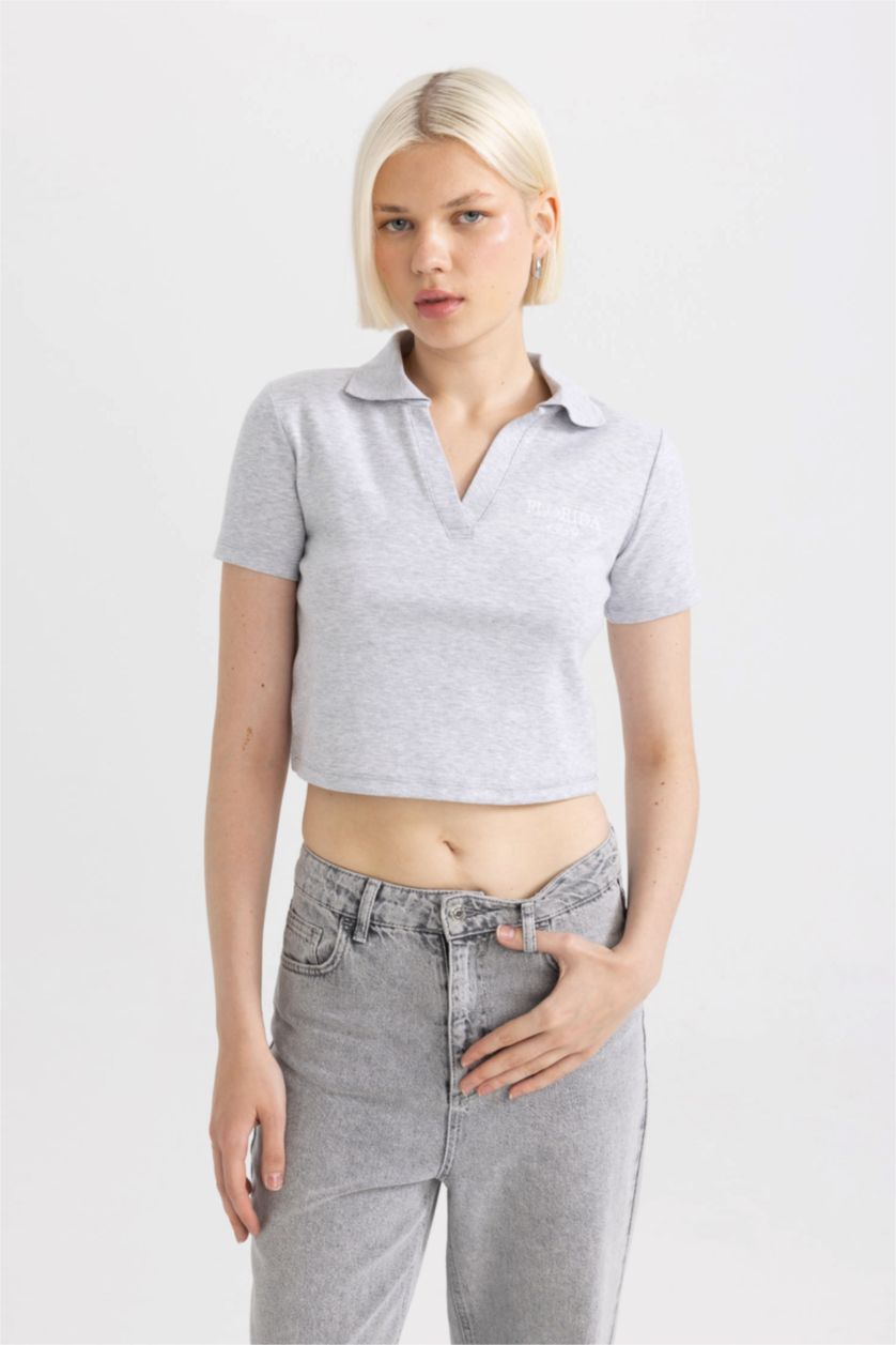 نساء ميلانج رمادي تيشيرت بولو نص كم بطبعة شعار سليم فيت