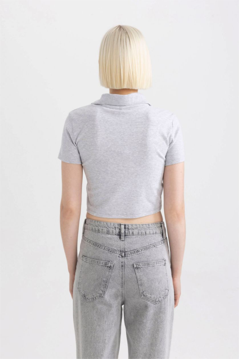 نساء ميلانج رمادي تيشيرت بولو نص كم بطبعة شعار سليم فيت