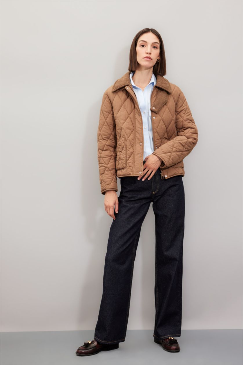 Woman Beige Regular Fit Velvet Collar Quilted Light Jacket