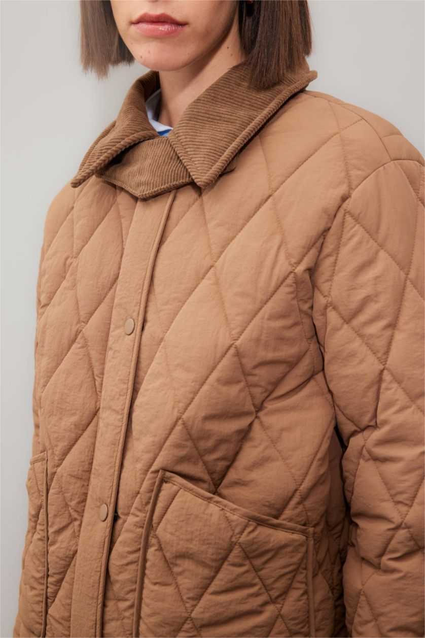 Woman Beige Regular Fit Velvet Collar Quilted Light Jacket