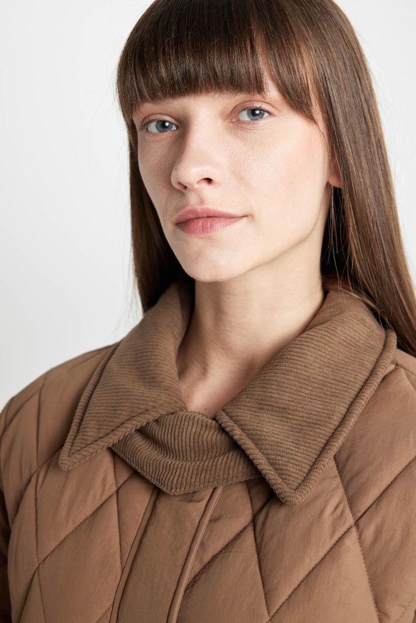 Woman Beige Regular Fit Velvet Collar Quilted Light Jacket