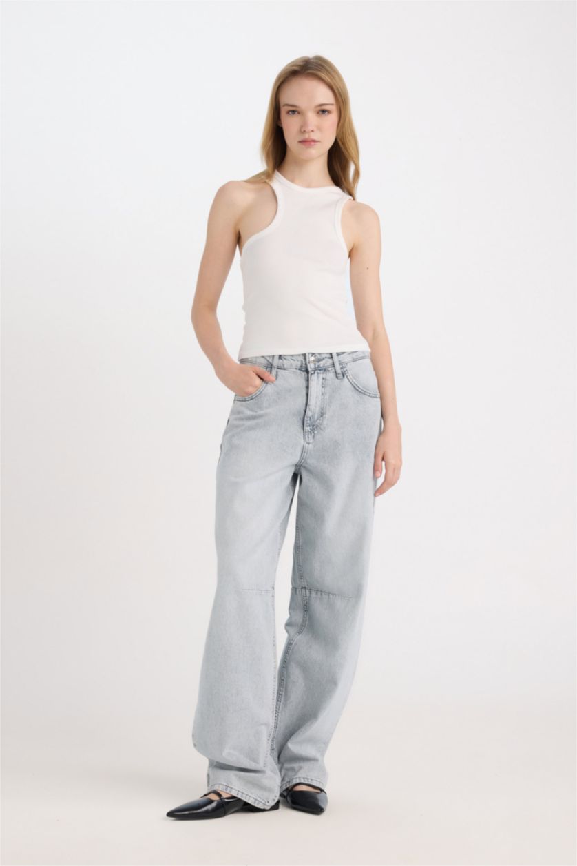 نساء اوف وايت كروب توب مخطط مضلع سليم فيت برقبة مستديرة