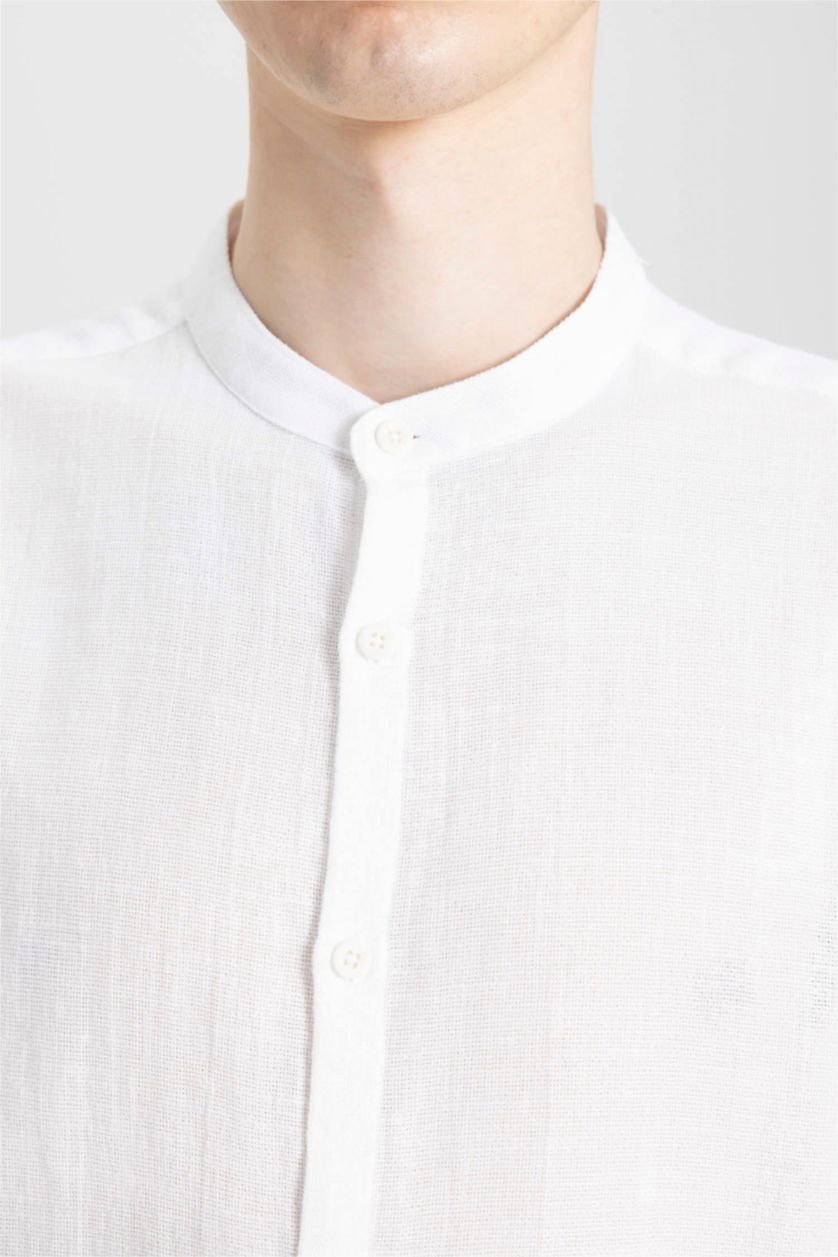 HOMME Blanc Chemise à manches courtes en coton à col montant et à coupe régulière