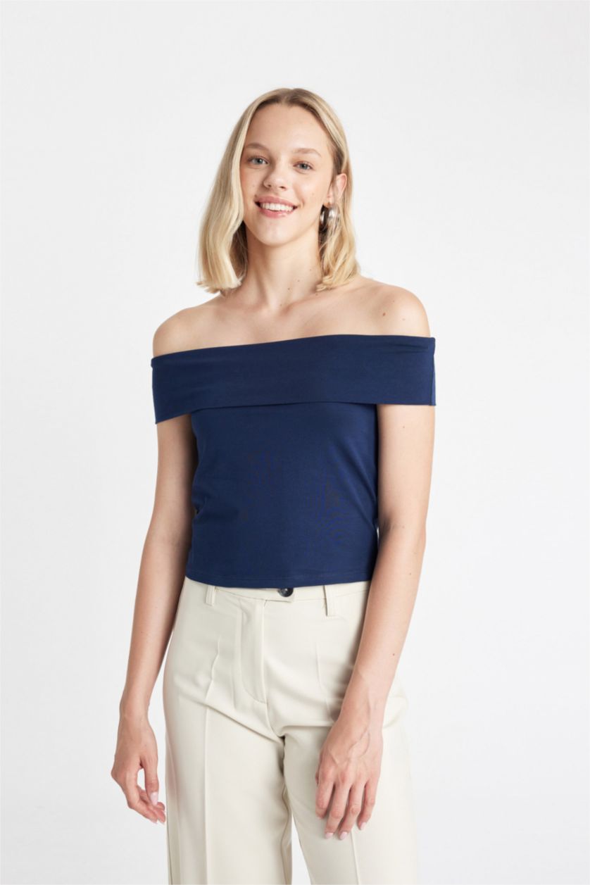 نساء كحلي تيشيرت نص كم سليم فيت بكتف مفتوح