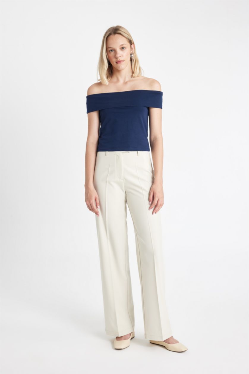 نساء كحلي تيشيرت نص كم سليم فيت بكتف مفتوح