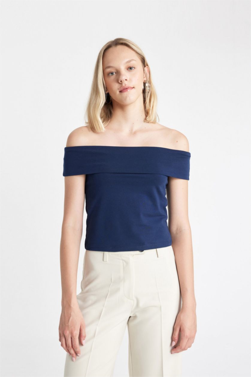 نساء كحلي تيشيرت نص كم سليم فيت بكتف مفتوح