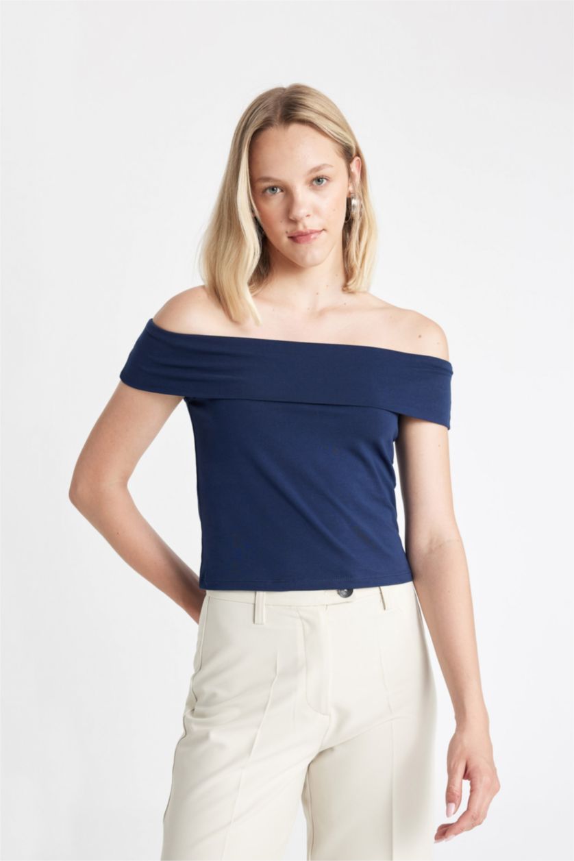 نساء كحلي تيشيرت نص كم سليم فيت بكتف مفتوح