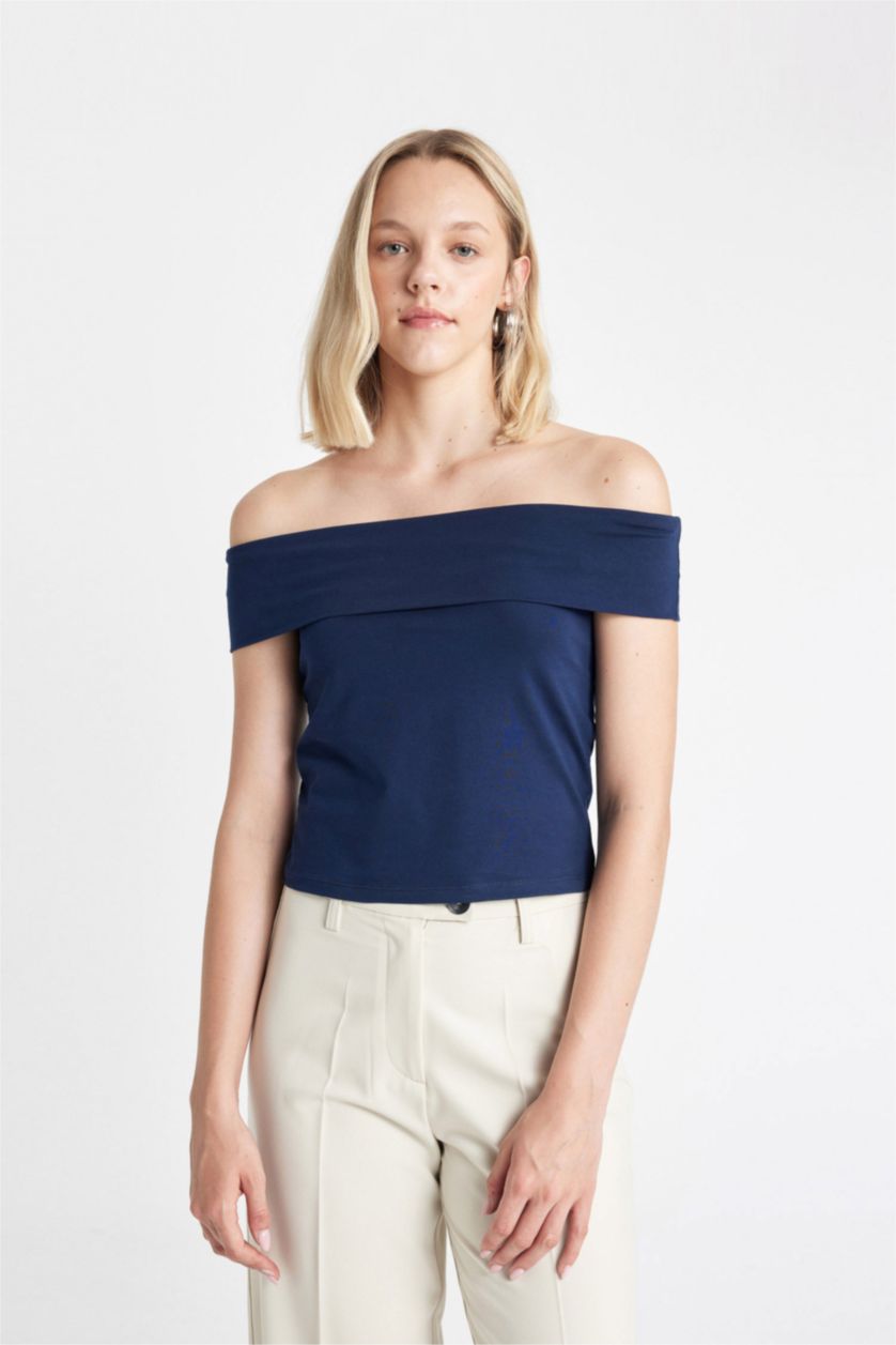 نساء كحلي تيشيرت نص كم سليم فيت بكتف مفتوح