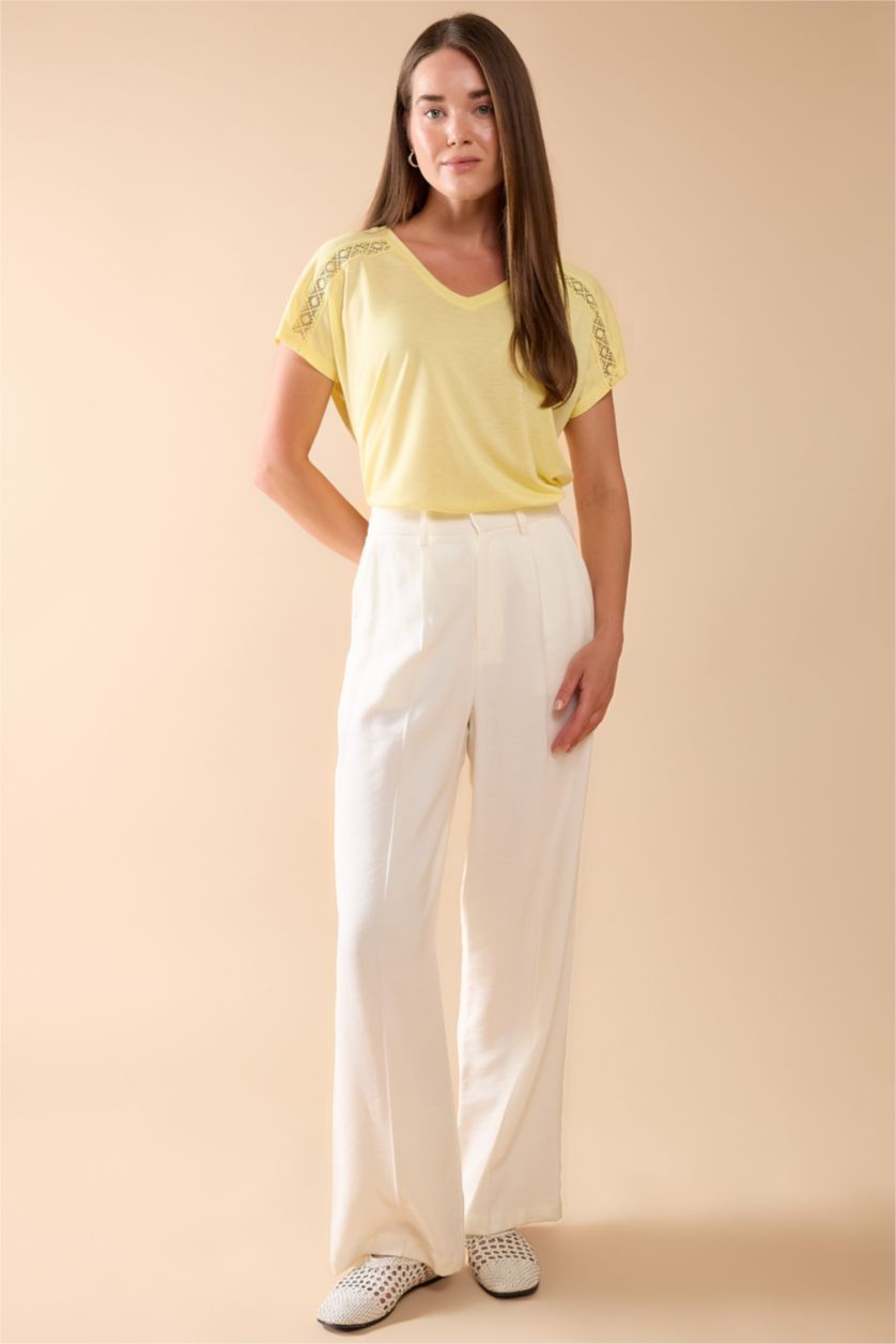 Woman Yellow V Neck Basic Short Sleeve T-Shirt