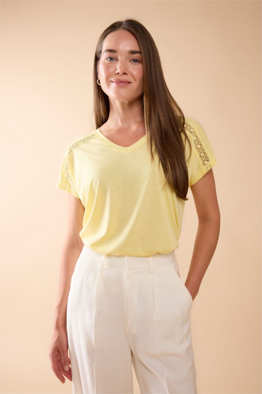 Woman Yellow V Neck Basic Short Sleeve T-Shirt