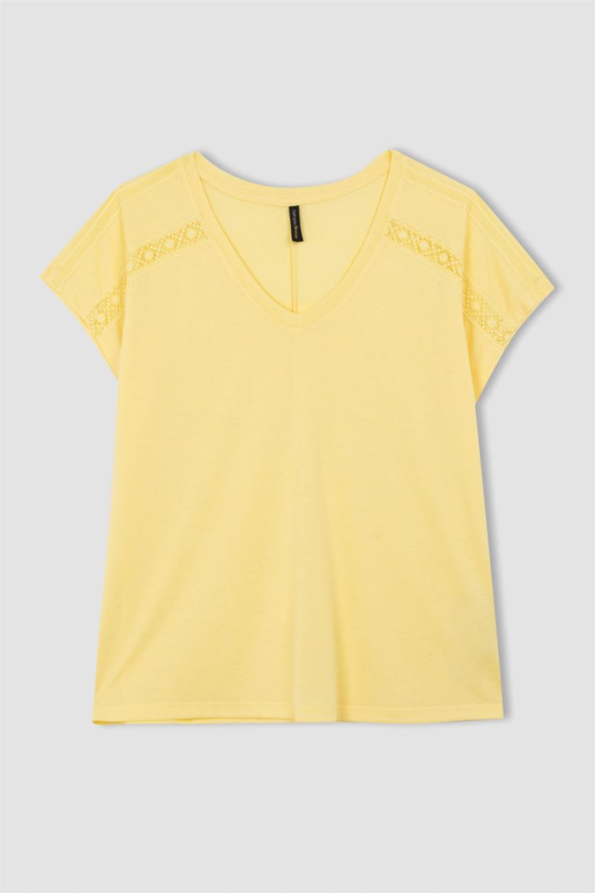 Woman Yellow V Neck Basic Short Sleeve T-Shirt