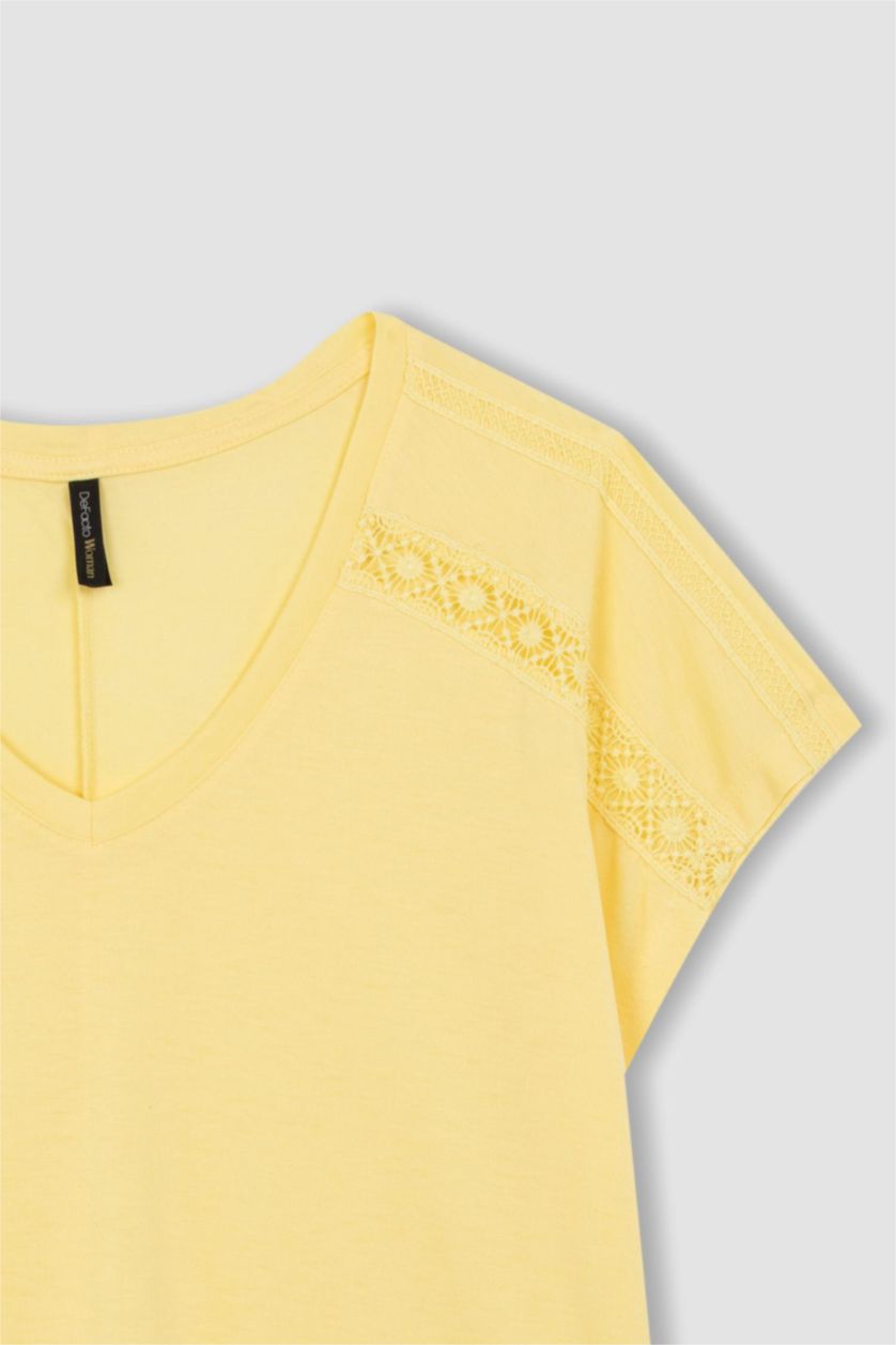 Woman Yellow V Neck Basic Short Sleeve T-Shirt