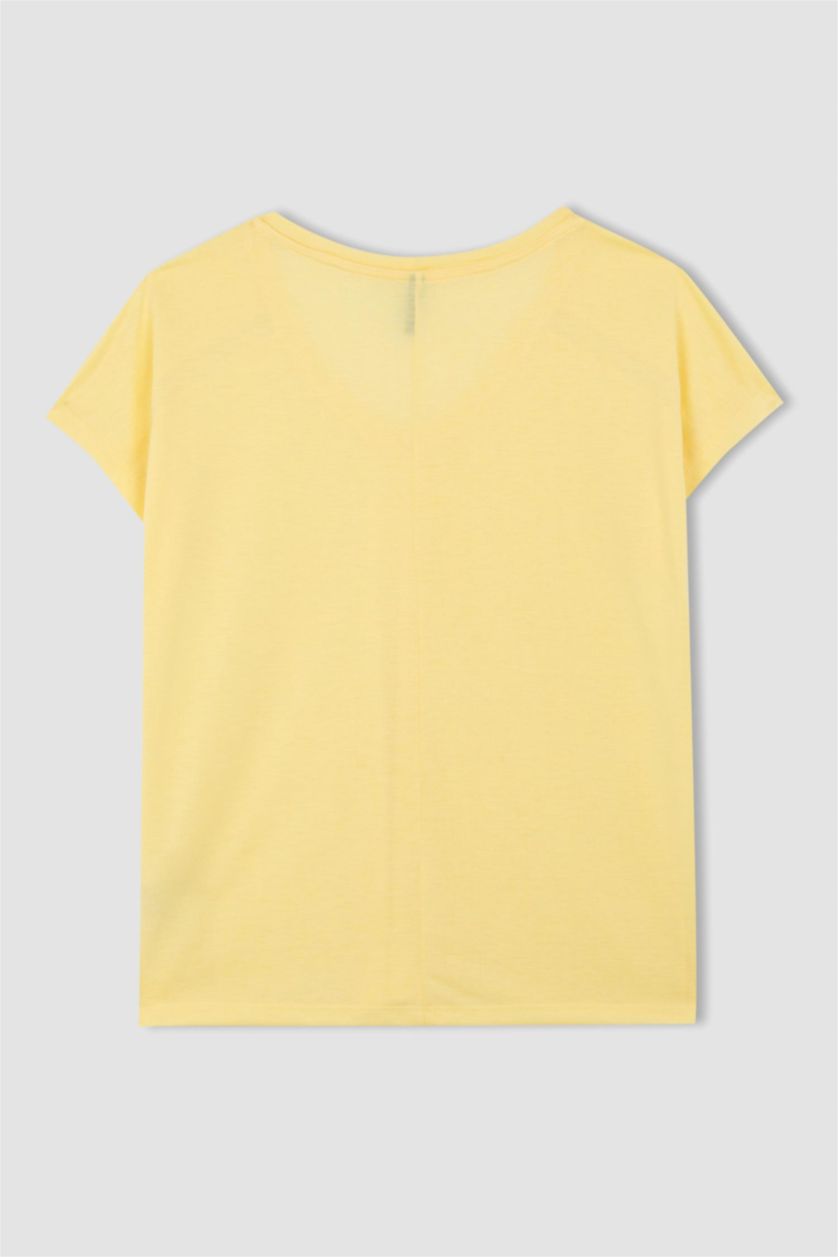 Woman Yellow V Neck Basic Short Sleeve T-Shirt