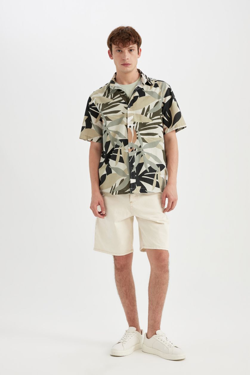 رجال كاكي قميص نص ردن قطن مطبوع قصة عادية