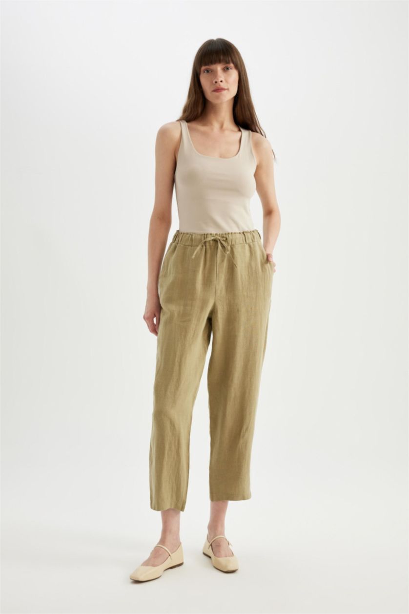 نساء كاكي فاتح High Waist Short Leg Linen Trousers