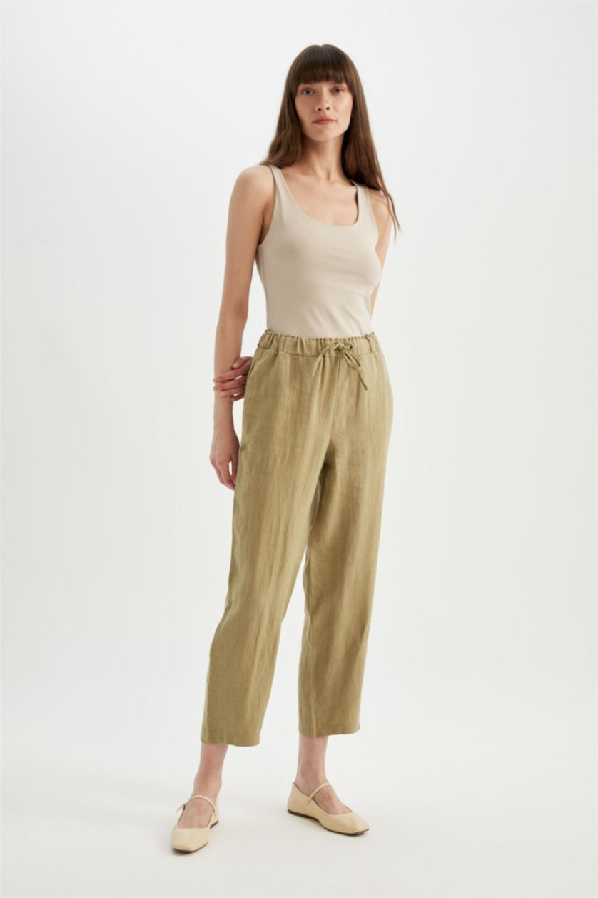نساء كاكي فاتح High Waist Short Leg Linen Trousers