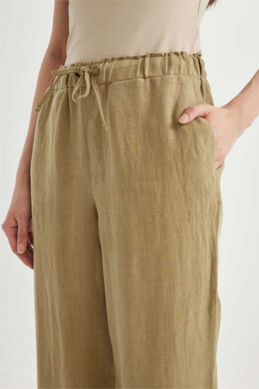 نساء كاكي فاتح High Waist Short Leg Linen Trousers