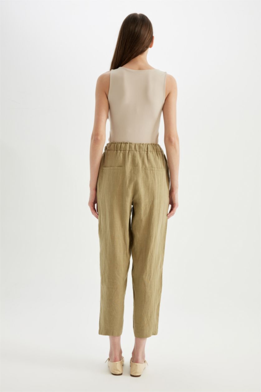 نساء كاكي فاتح High Waist Short Leg Linen Trousers