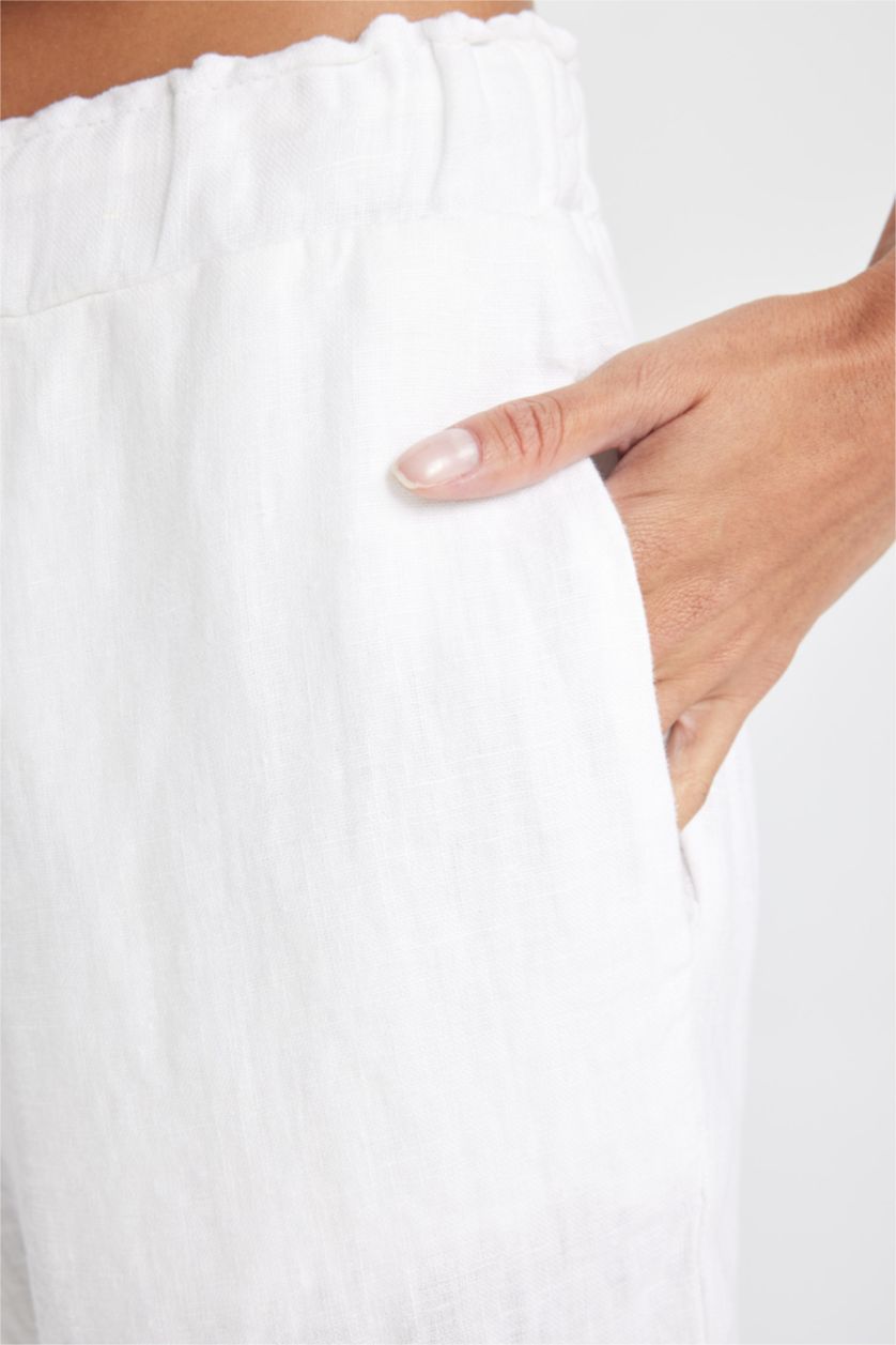 نساء أبيض سروال كتان جوجر انكيل بجيب وخصر عالي