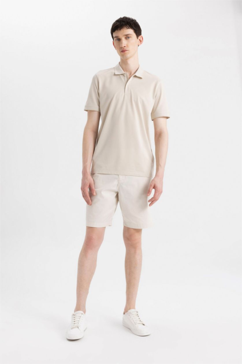 Erkek Ekru Regular Fıt Gabardin Bermuda