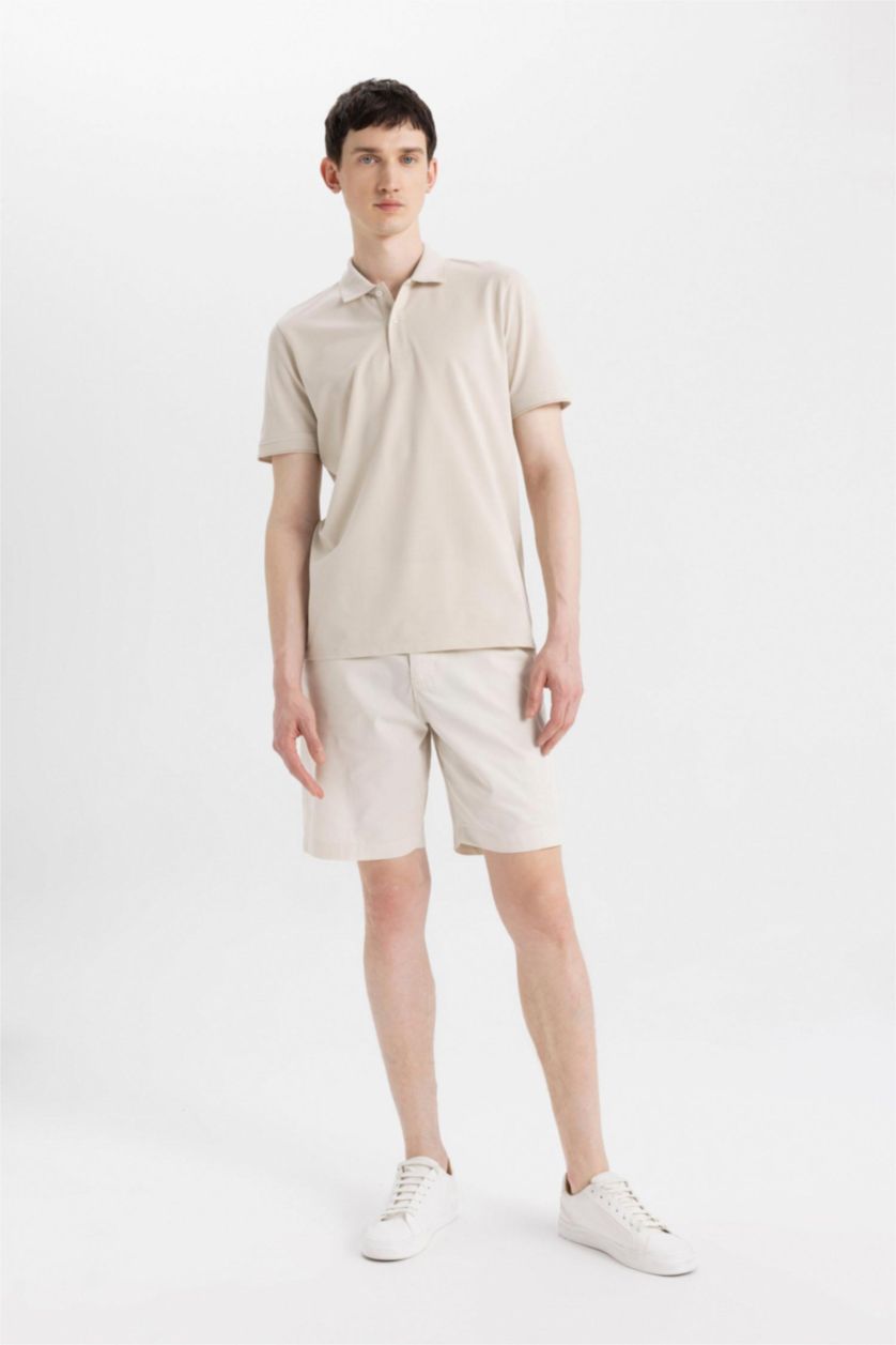 Erkek Ekru Regular Fıt Gabardin Bermuda