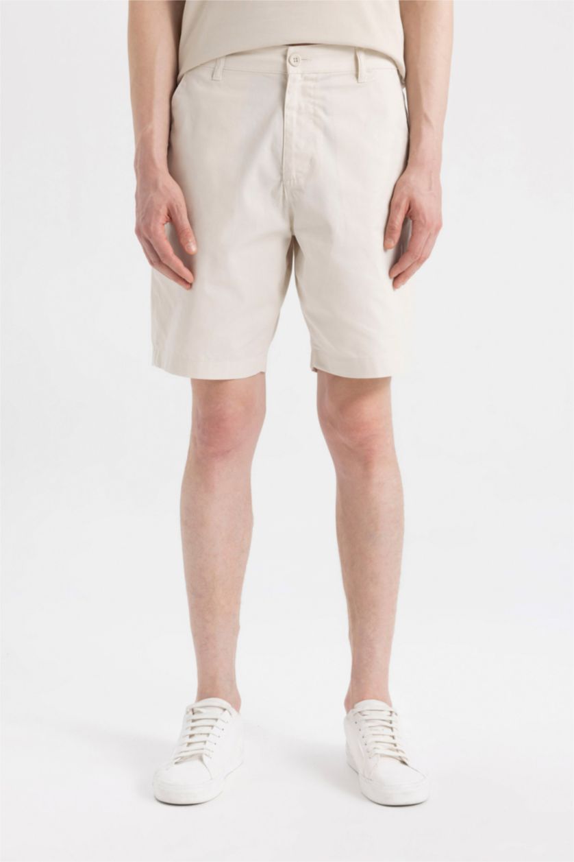Erkek Ekru Regular Fıt Gabardin Bermuda