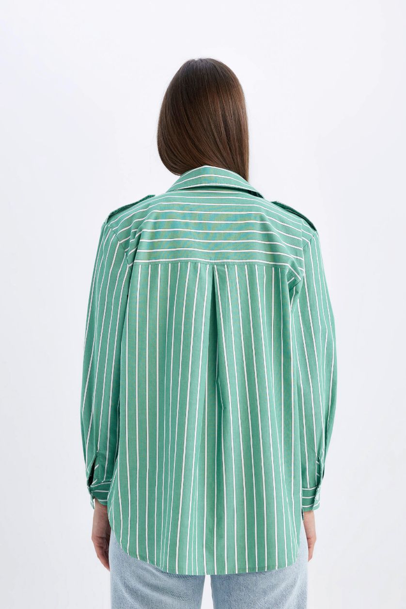 WOMAN Green Relax Fit Shirt Collar Printed Poplin Long Sleeve Tunic