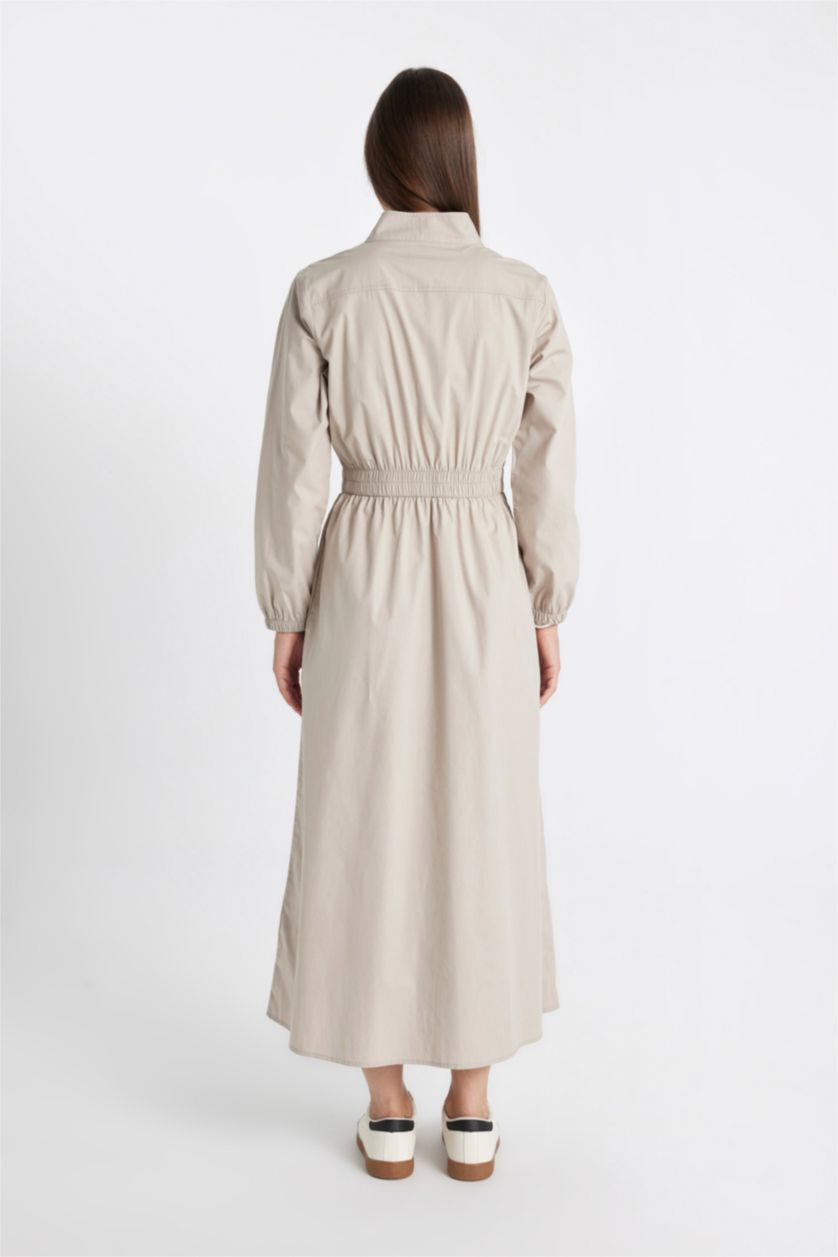 Kadın Bej Regular Fit Fermuarlı Dik Yaka Basic Düz Poplin Uzun Kollu Maxi Elbise