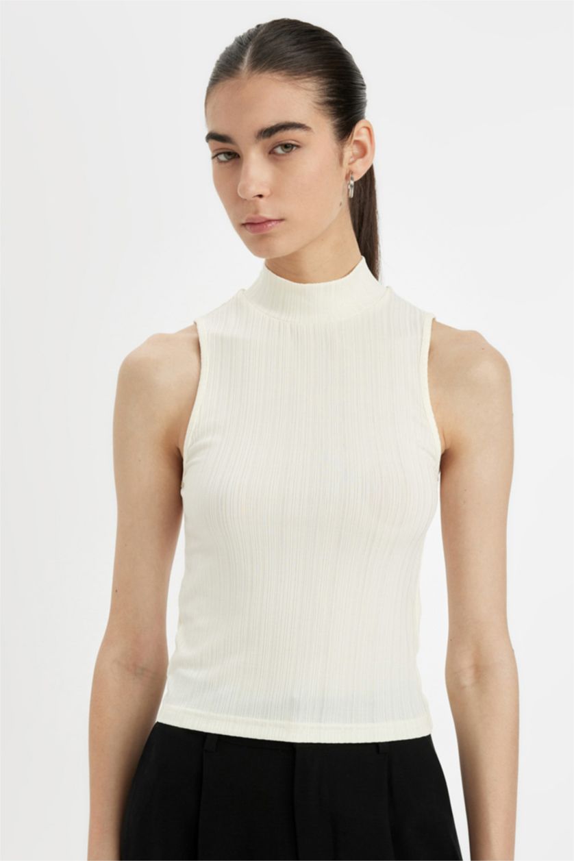 WOMAN Ecru Slim Fit Camisole Half Turtleneck Tank Top