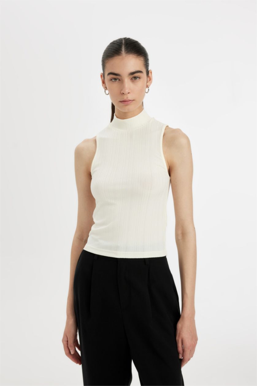 WOMAN Ecru Slim Fit Camisole Half Turtleneck Tank Top